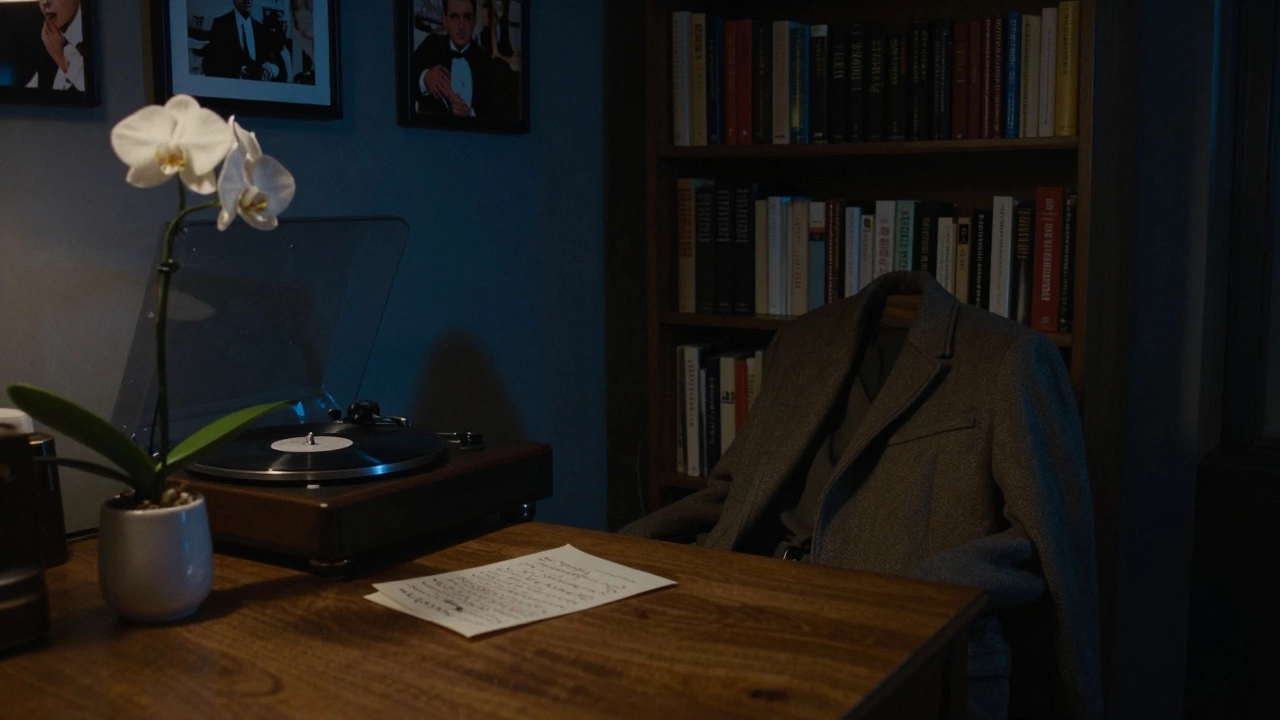 A handwritten letter and white orchid on a wooden desk in a dimly lit Paris apartment.