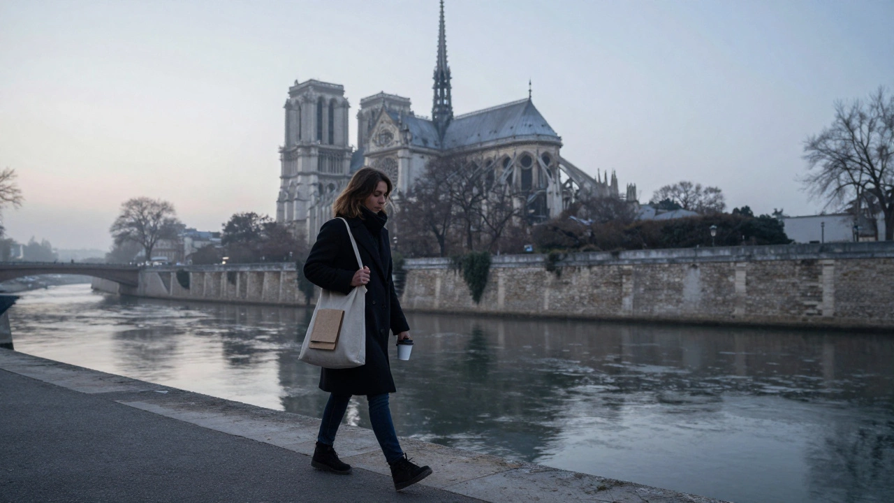 A woman walks alone along the Seine at dawn, her reflection visible in the water under a foggy Paris skyline.
