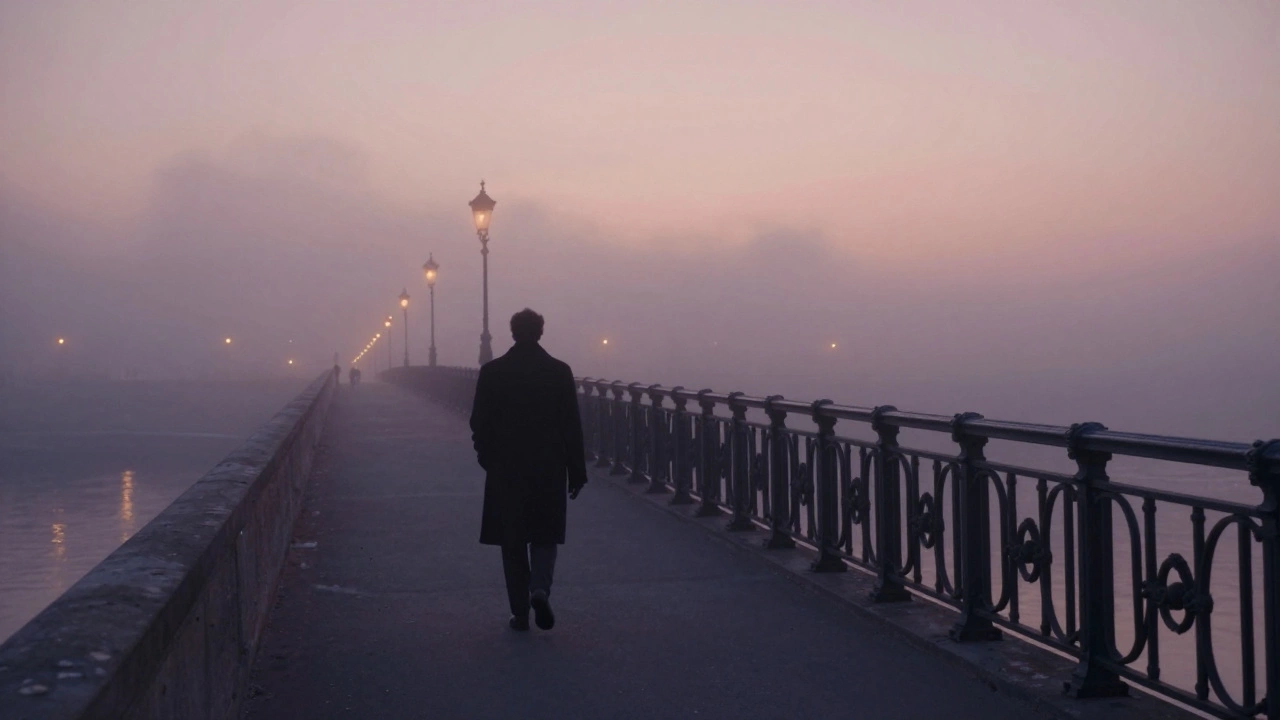 An anonymous figure walks away into morning fog over the Seine, city lights shimmering behind.